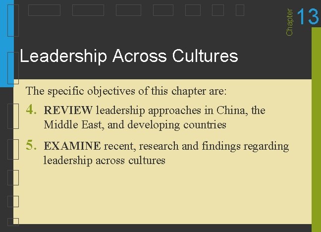 Chapter Leadership Across Cultures The specific objectives of this chapter are: 4. REVIEW leadership