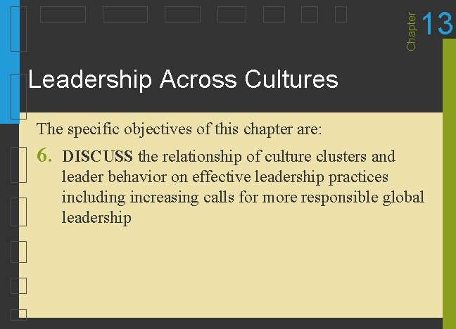 Chapter 13 Leadership Across Cultures The specific objectives of this chapter are: 6. DISCUSS