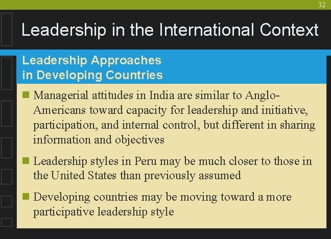 32 Leadership in the International Context Leadership Approaches in Developing Countries n Managerial attitudes