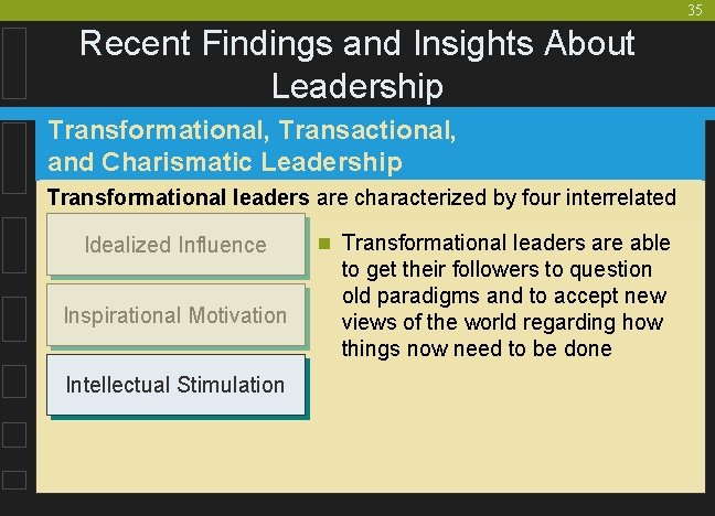 35 Recent Findings and Insights About Leadership Transformational, Transactional, and Charismatic Leadership Transformational leaders