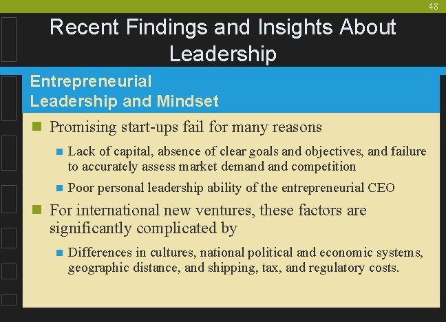 48 Recent Findings and Insights About Leadership Entrepreneurial Leadership and Mindset n Promising start-ups