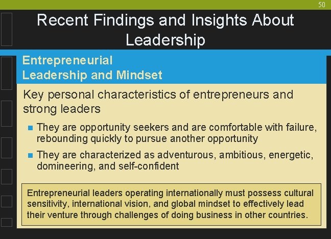 50 Recent Findings and Insights About Leadership Entrepreneurial Leadership and Mindset Key personal characteristics