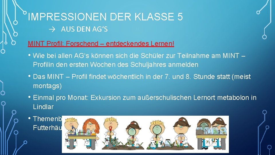 IMPRESSIONEN DER KLASSE 5 → AUS DEN AG‘S MINT Profil: Forschend – entdeckendes Lernen!