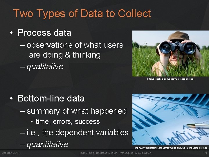 Two Types of Data to Collect • Process data – observations of what users