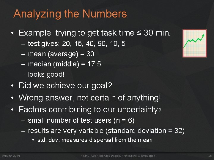 Analyzing the Numbers • Example: trying to get task time ≤ 30 min. –