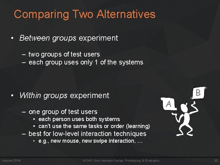 Comparing Two Alternatives • Between groups experiment – two groups of test users –