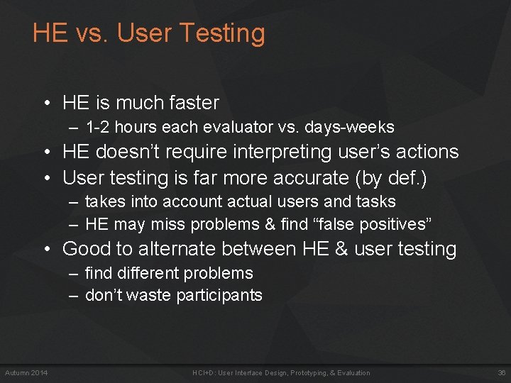 HE vs. User Testing • HE is much faster – 1 -2 hours each