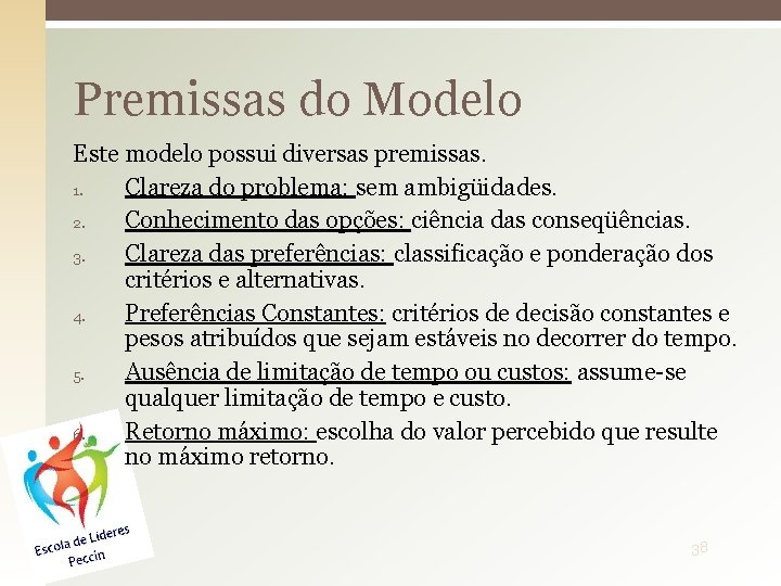 Premissas do Modelo Este modelo possui diversas premissas. 1. Clareza do problema: sem ambigüidades.