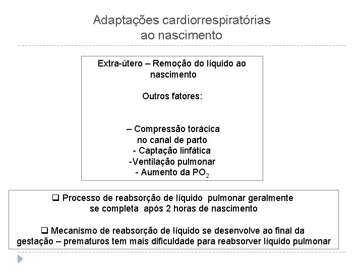 Adaptações cardiorrespiratórias ao nascimento Extra-útero – Remoção do líquido ao nascimento Outros fatores: –