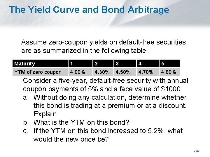 The Yield Curve and Bond Arbitrage Assume zero-coupon yields on default-free securities are as