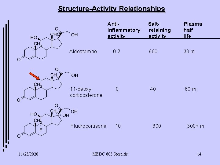 Structure-Activity Relationships Antiinflammatory activity Saltretaining activity Plasma half life 0. 2 800 30 m