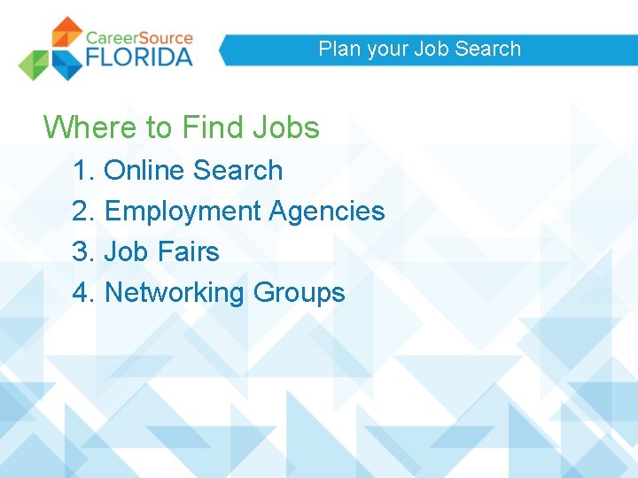 Plan your Job Search Where to Find Jobs 1. Online Search 2. Employment Agencies Plan your Job Search Where to Find Jobs 1. Online Search 2. Employment Agencies