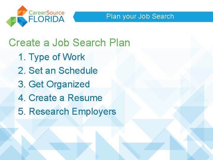 Plan your Job Search Create a Job Search Plan 1. Type of Work 2. Plan your Job Search Create a Job Search Plan 1. Type of Work 2.