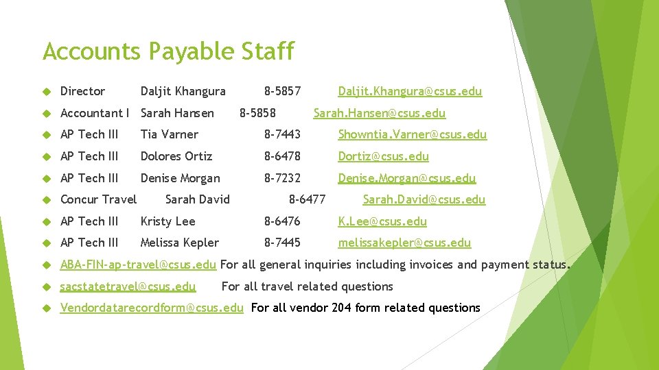 Accounts Payable Staff Director Daljit Khangura 8 -5857 Accountant I Sarah Hansen AP Tech