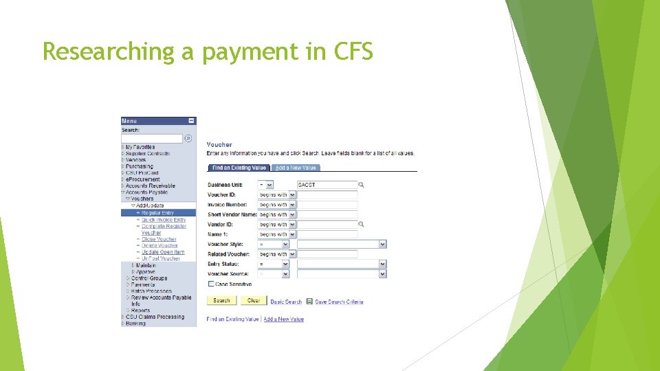 Researching a payment in CFS 