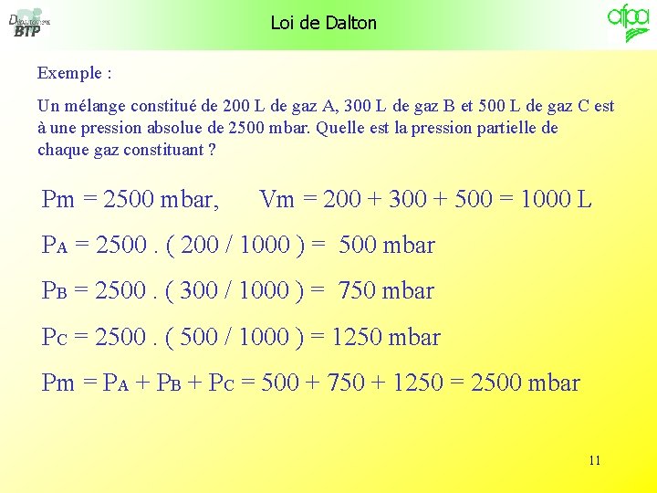 Loi de Dalton Exemple : Un mélange constitué de 200 L de gaz A,