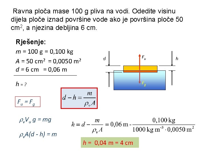  Ravna ploča mase 100 g pliva na vodi. Odedite visinu dijela ploče iznad