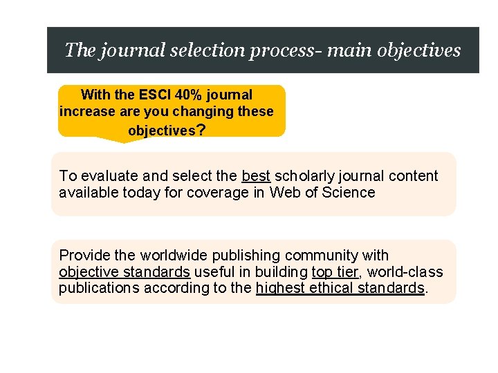 The journal selection process- main objectives With the ESCI 40% journal increase are you