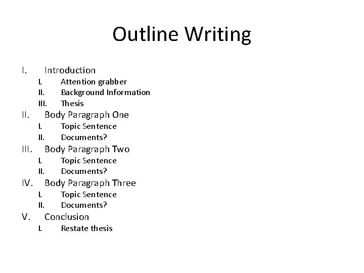 Outline Writing I. II. IV. V. Introduction I. III. Attention grabber Background Information Thesis