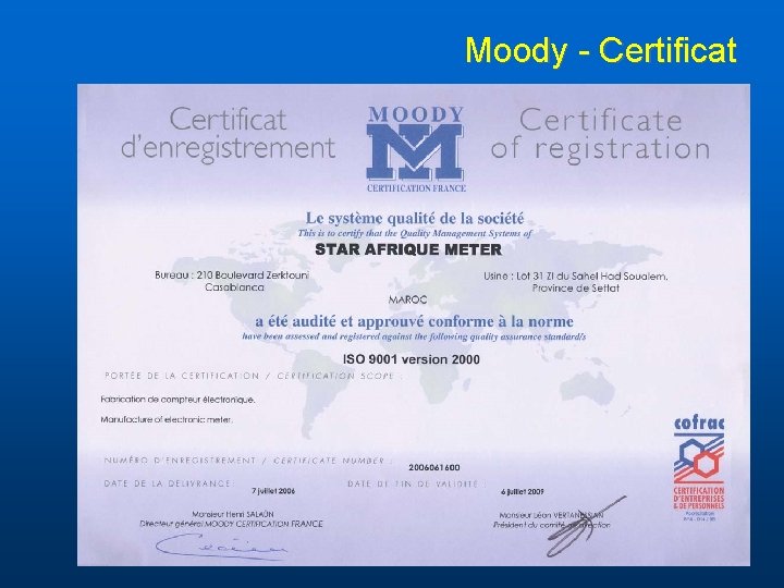 Moody - Certificat 