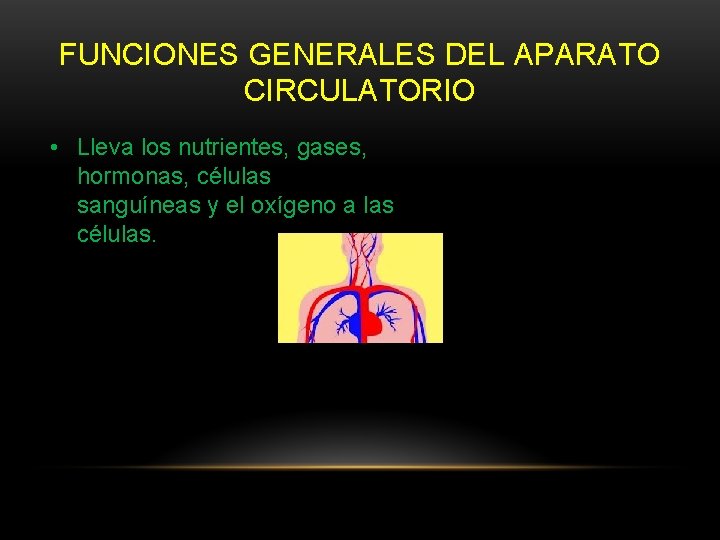 FUNCIONES GENERALES DEL APARATO CIRCULATORIO • Lleva los nutrientes, gases, hormonas, células sanguíneas y