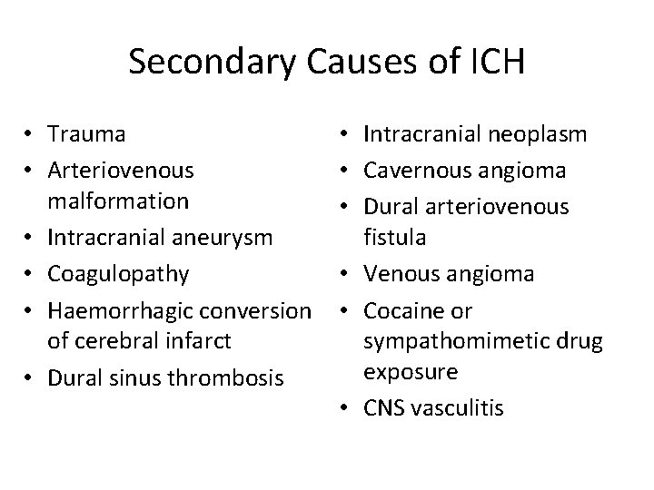 Secondary Causes of ICH • Trauma • Arteriovenous malformation • Intracranial aneurysm • Coagulopathy