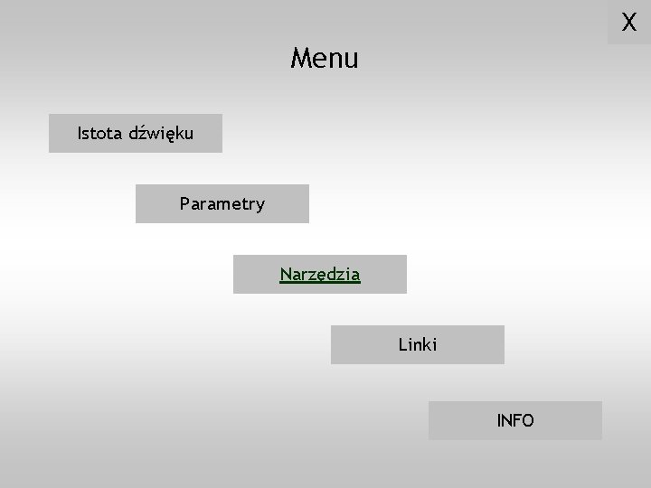 X Menu Istota dźwięku Parametry Narzędzia Linki INFO 