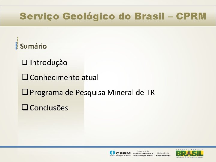 Serviço Geológico do Brasil – CPRM Sumário q Introdução q Conhecimento atual q Programa