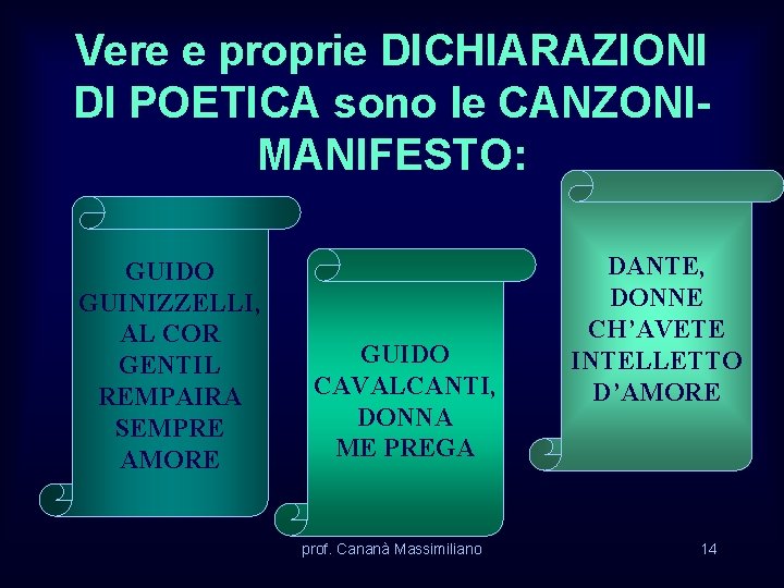 Vere e proprie DICHIARAZIONI DI POETICA sono le CANZONIMANIFESTO: GUIDO GUINIZZELLI, AL COR GENTIL