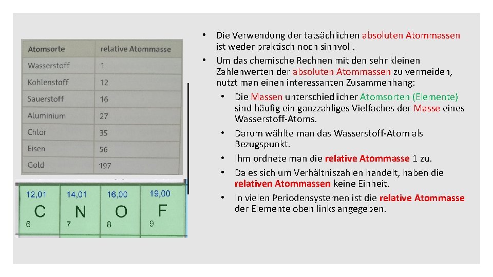 Relative Atommassen • Die Verwendung der tatsächlichen absoluten Atommassen ist weder praktisch noch sinnvoll.