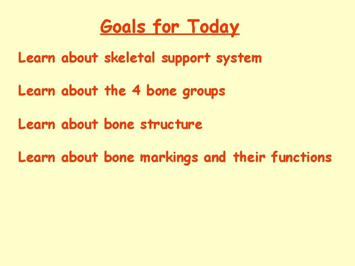 Goals for Today Learn about skeletal support system Learn about the 4 bone groups