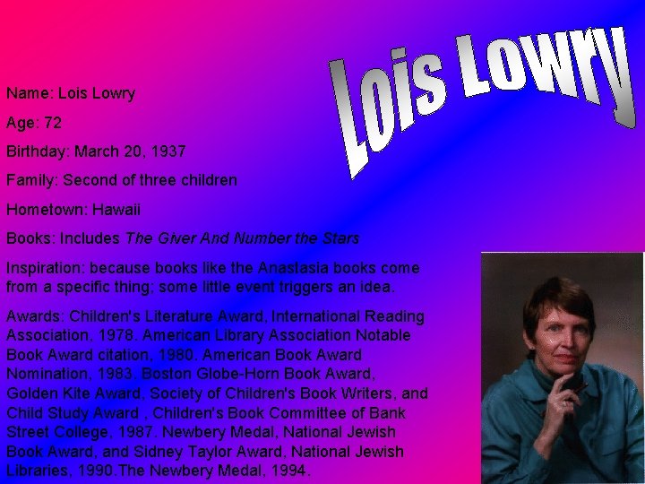 Name: Lois Lowry Age: 72 Birthday: March 20, 1937 Family: Second of three children