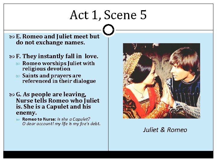 Act 1, Scene 5 E. Romeo and Juliet meet but do not exchange names. Act 1, Scene 5 E. Romeo and Juliet meet but do not exchange names.