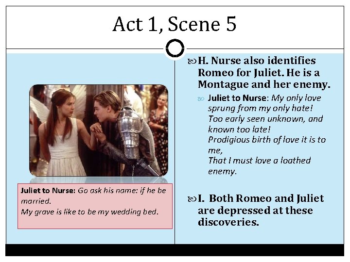 Act 1, Scene 5 H. Nurse also identifies Romeo for Juliet. He is a