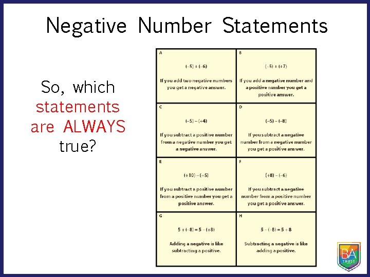 Negative Number Statements So, which statements are ALWAYS true? 