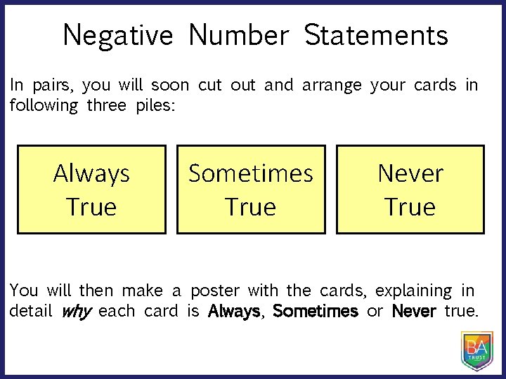 Negative Number Statements In pairs, you will soon cut out and arrange your cards