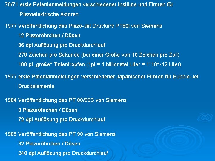 70/71 erste Patentanmeldungen verschiedener Institute und Firmen für Piezoelektrische Aktoren 1977 Veröffentlichung des Piezo-Jet