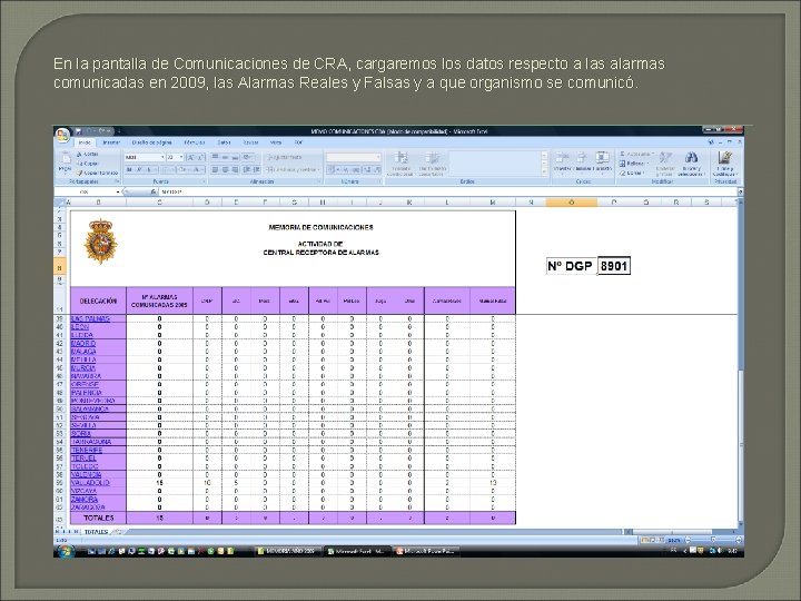 En la pantalla de Comunicaciones de CRA, cargaremos los datos respecto a las alarmas