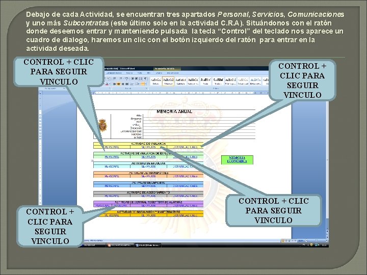 Debajo de cada Actividad, se encuentran tres apartados Personal, Servicios, Comunicaciones y uno más