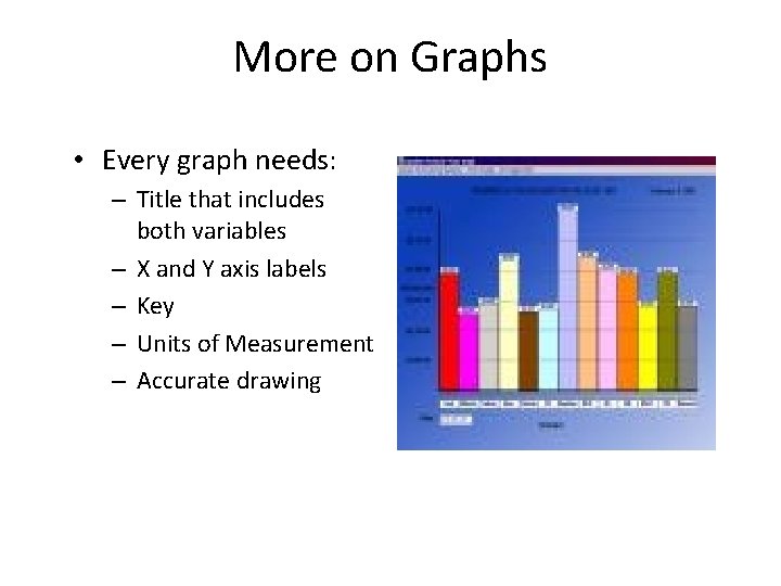 More on Graphs • Every graph needs: – Title that includes both variables –