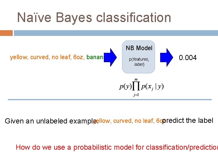 Naïve Bayes classification NB Model yellow, curved, no leaf, 6 oz, banana p(features, label)