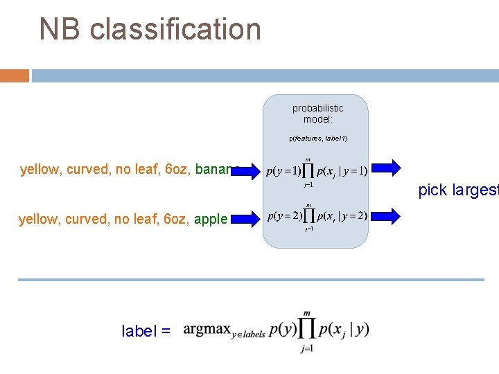 NB classification probabilistic model: p(features, label 1) yellow, curved, no leaf, 6 oz, banana