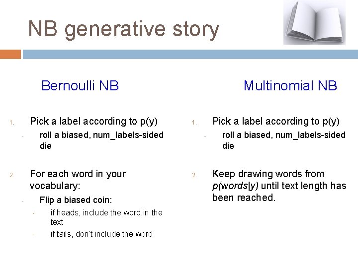 NB generative story Bernoulli NB Pick a label according to p(y) 1. For each