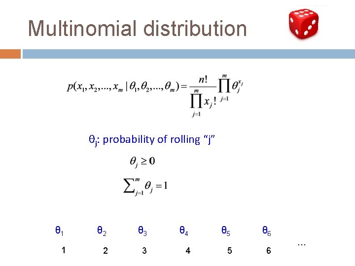 Multinomial distribution θj: probability of rolling “j” θ 1 θ 2 θ 3 θ