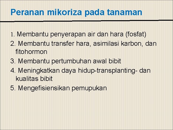 Peranan mikoriza pada tanaman 1. Membantu penyerapan air dan hara (fosfat) 2. Membantu transfer