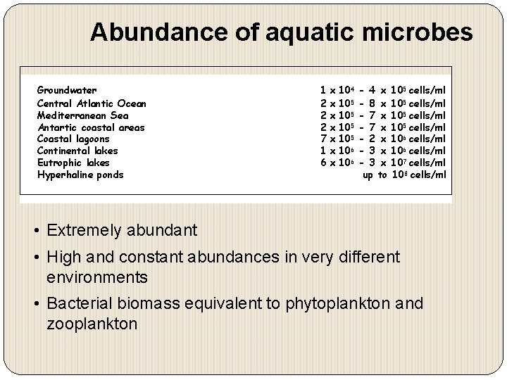 Abundance of aquatic microbes Groundwater Central Atlantic Ocean Mediterranean Sea Antartic coastal areas Coastal