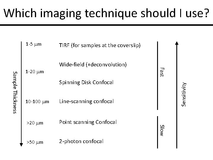 Which imaging technique should I use? 1 -5 mm Wide-field (+deconvolution) Fast Spinning Disk