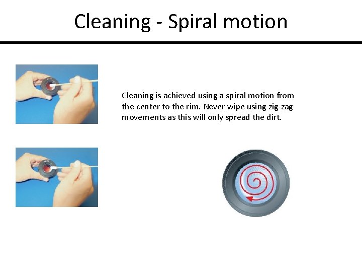 Cleaning - Spiral motion Cleaning is achieved using a spiral motion from the center