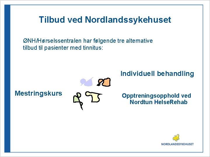 Tilbud ved Nordlandssykehuset ØNH/Hørselssentralen har følgende tre alternative tilbud til pasienter med tinnitus: Individuell