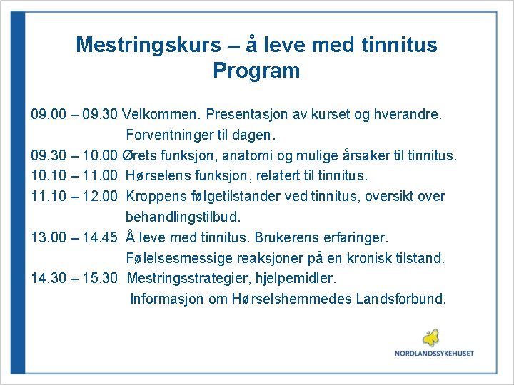 Mestringskurs – å leve med tinnitus Program 09. 00 – 09. 30 Velkommen. Presentasjon